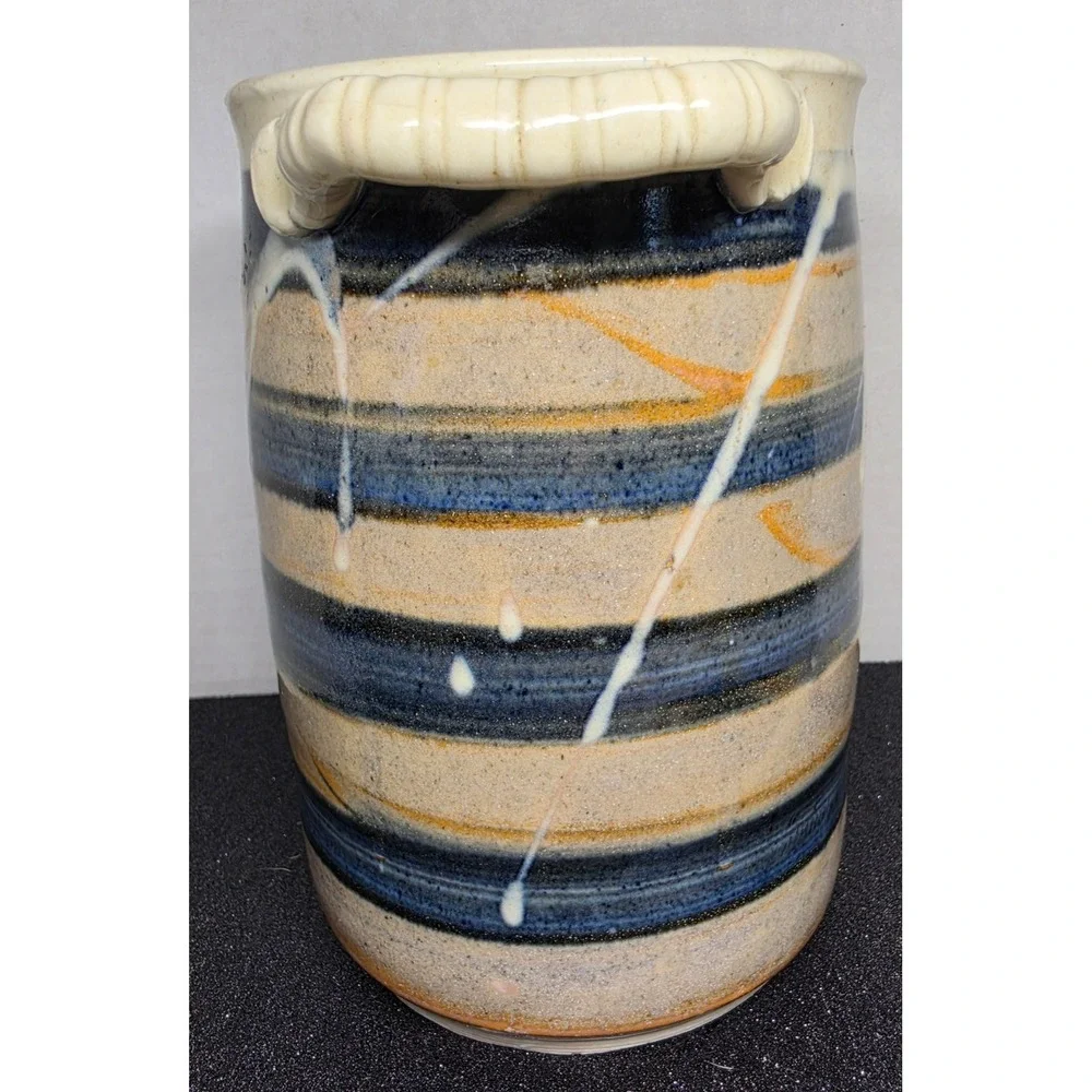 Studio Pottery Striped Stoneware Vase Blue Tan Drip Glaze Lug Handles 7 Inch